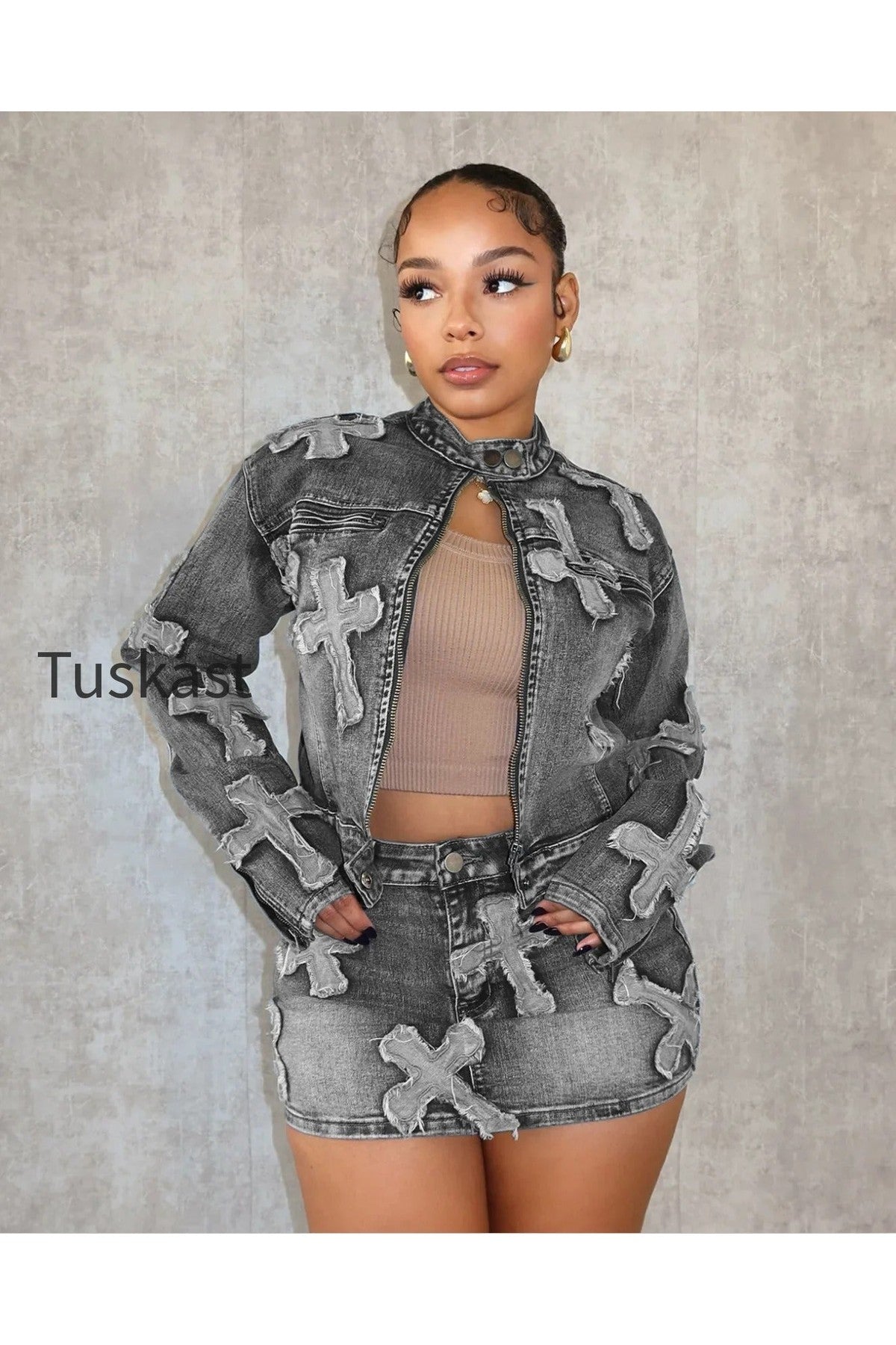 Denim Mini Cargo Elegant Jeans Club Two Piece Skirt Set