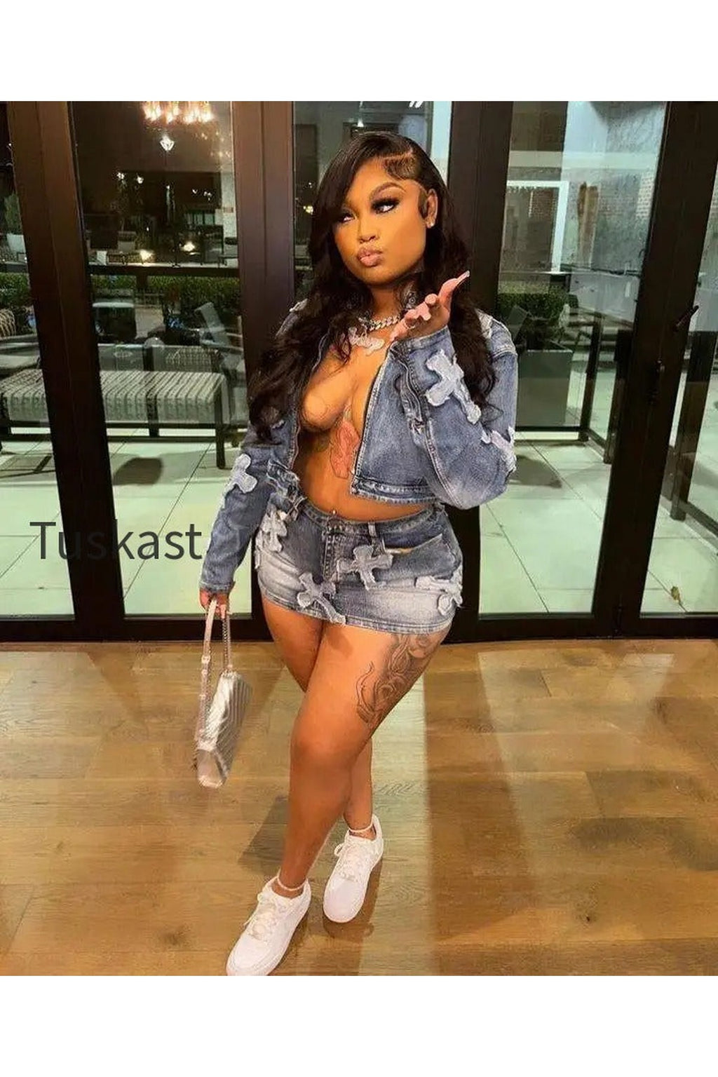 Denim Mini Cargo Elegant Jeans Club Two Piece Skirt Set