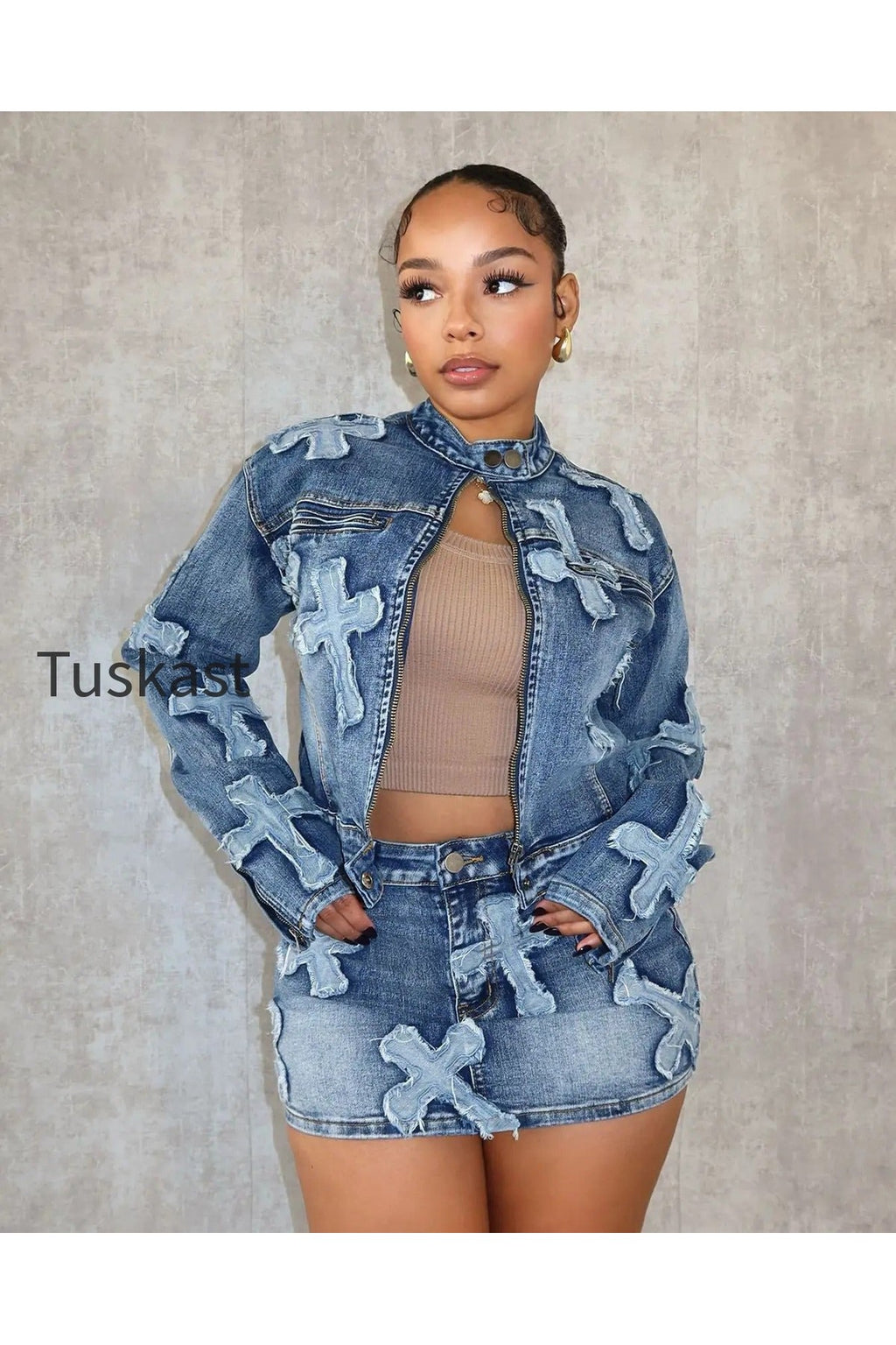 Denim Mini Cargo Elegant Jeans Club Two Piece Skirt Set