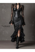 Black Lace Spliced Leather Corset Asymmetric Mermaid Skirt Set