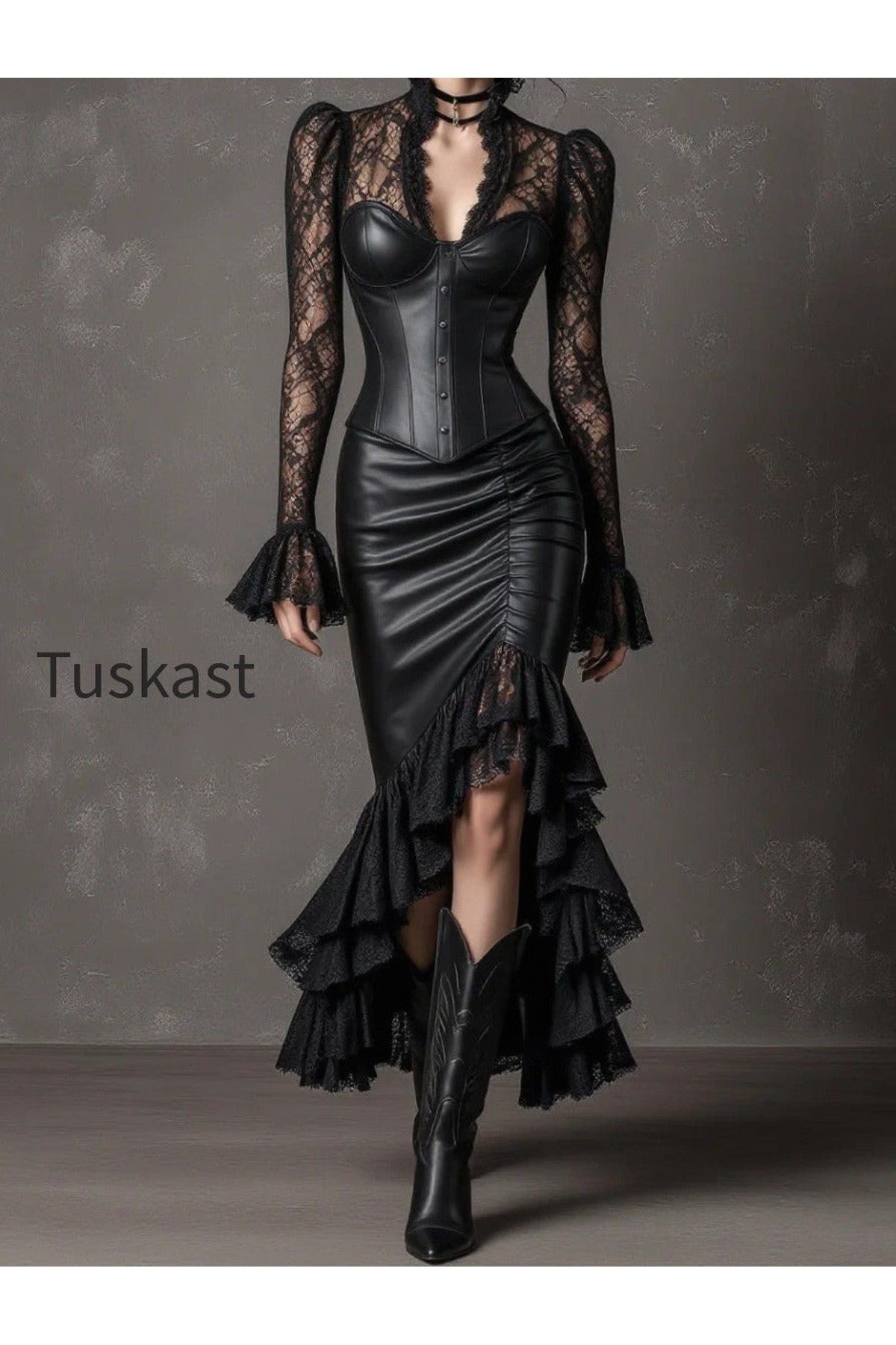 Black Lace Spliced Leather Corset Asymmetric Mermaid Skirt Set