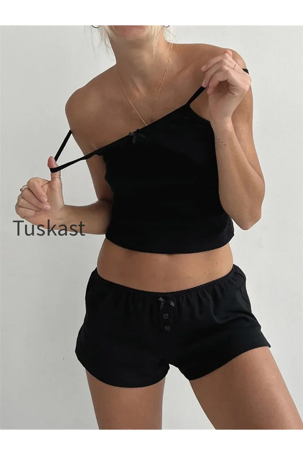 Lace Trim Eyelet Camisole Tank Top Two Piece Shorts Set