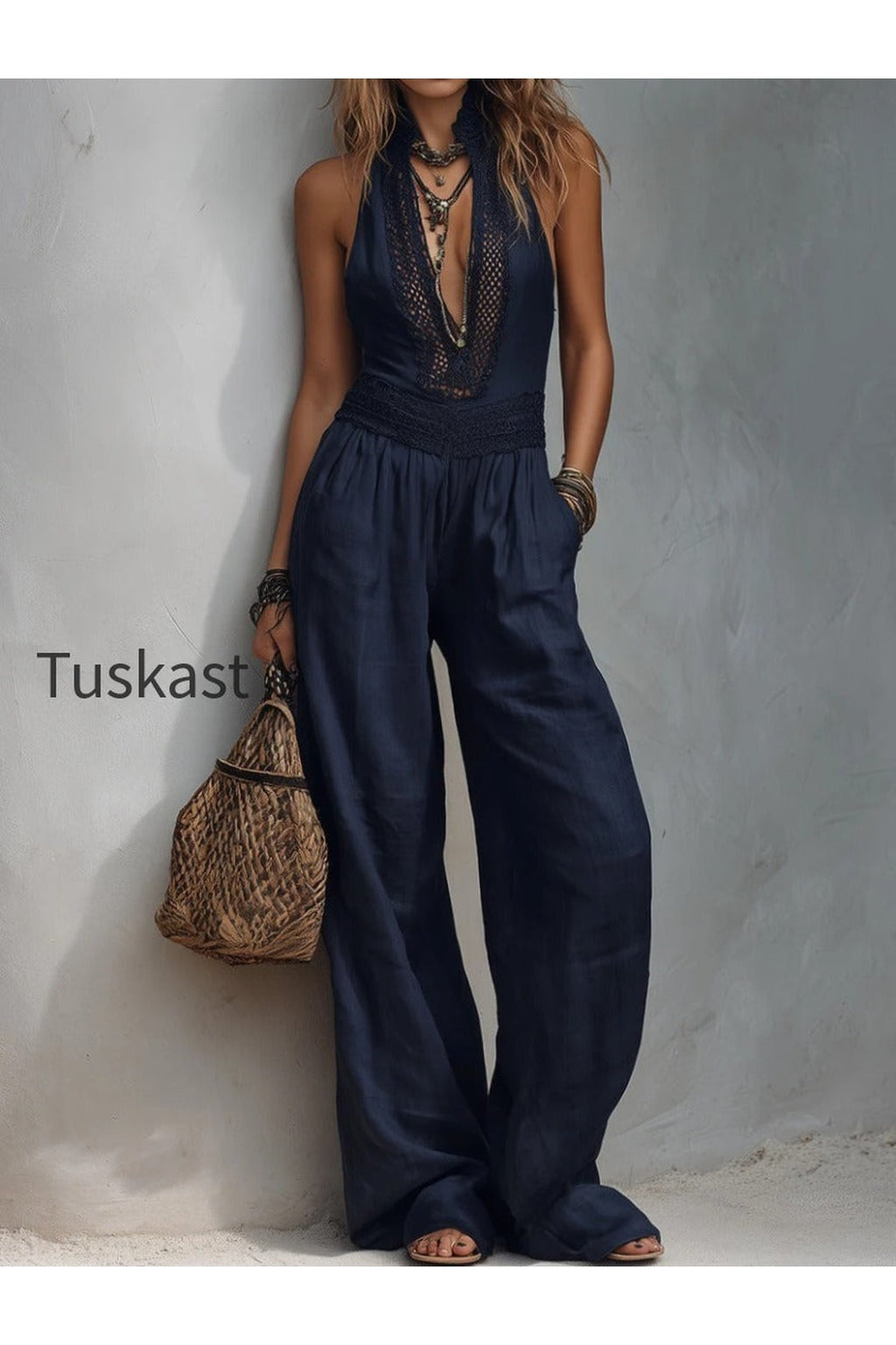 Stand-Collar Cutout-Panel Tencel Wide-Leg Jumpsuit