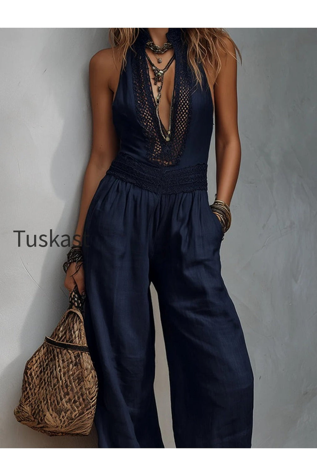 Stand-Collar Cutout-Panel Tencel Wide-Leg Jumpsuit