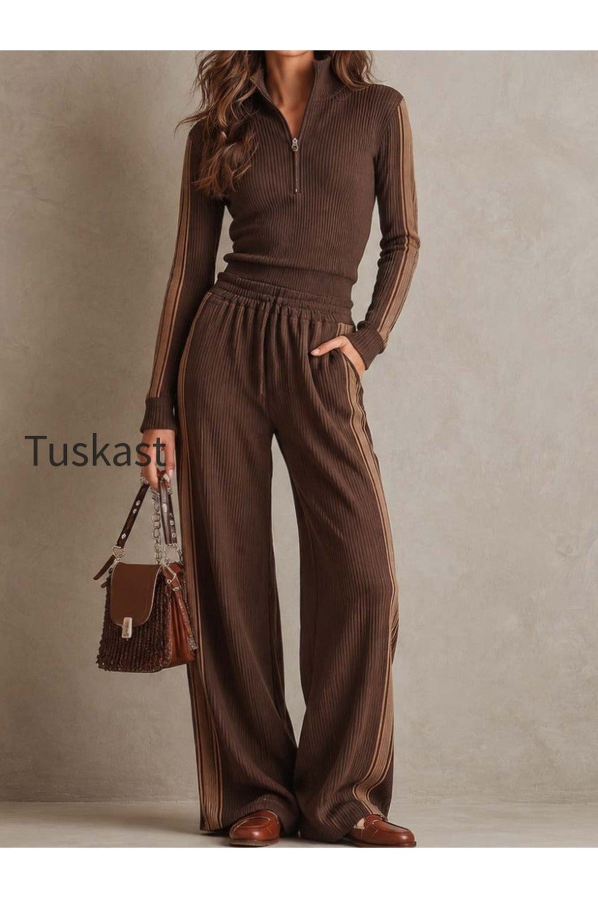 Vintage Ribbed Half-Zip Long Sleeve Top and Wide Leg Pants Knit Two-Piece Set