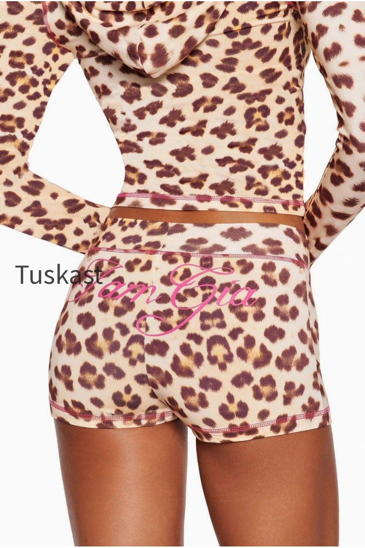 Fitted Leopard Print Zip Hooded Two Piece Set