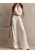 Vintage Boho White Halter Wide-Leg One Piece Jumpsuit