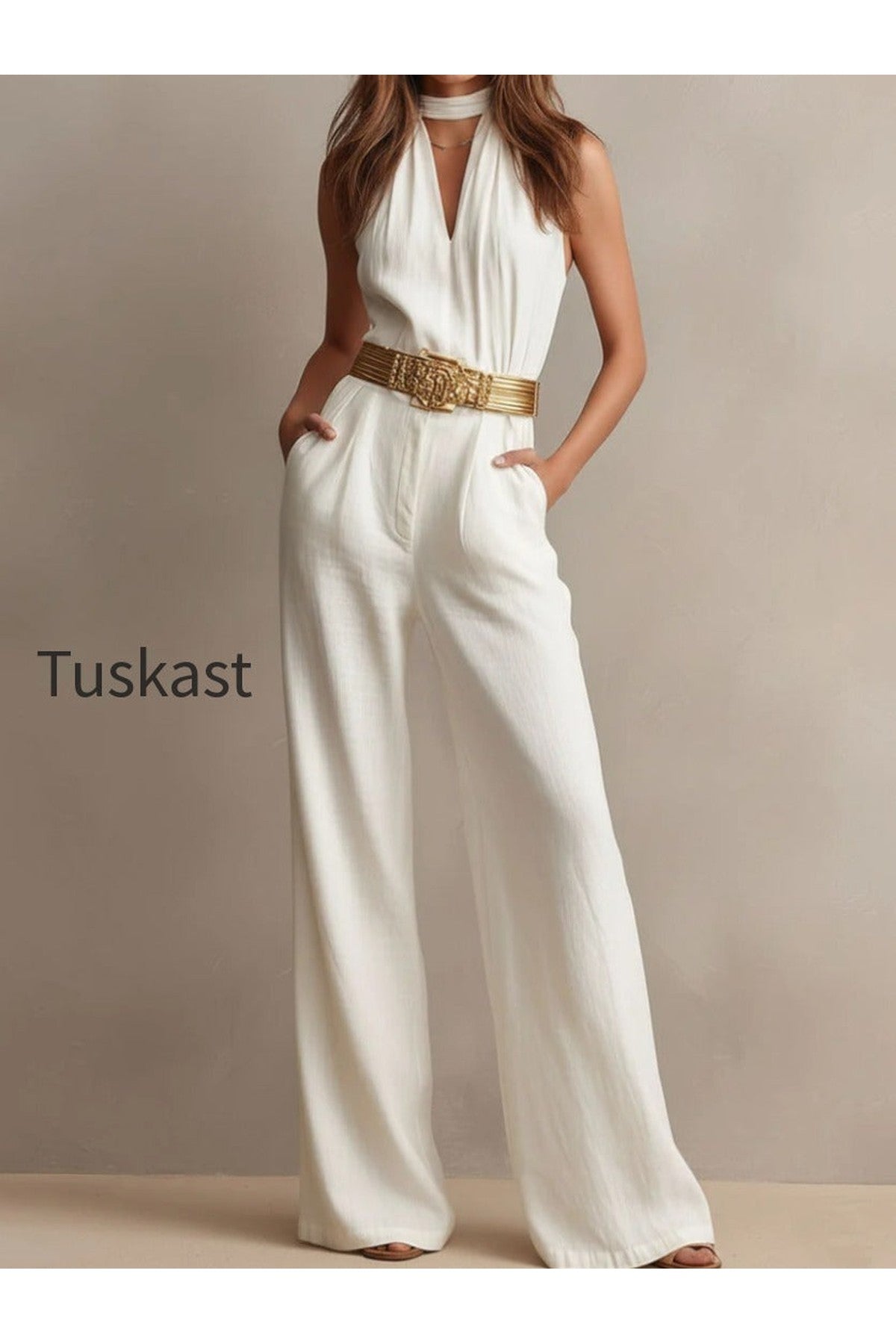 Vintage Boho White Halter Wide-Leg One Piece Jumpsuit