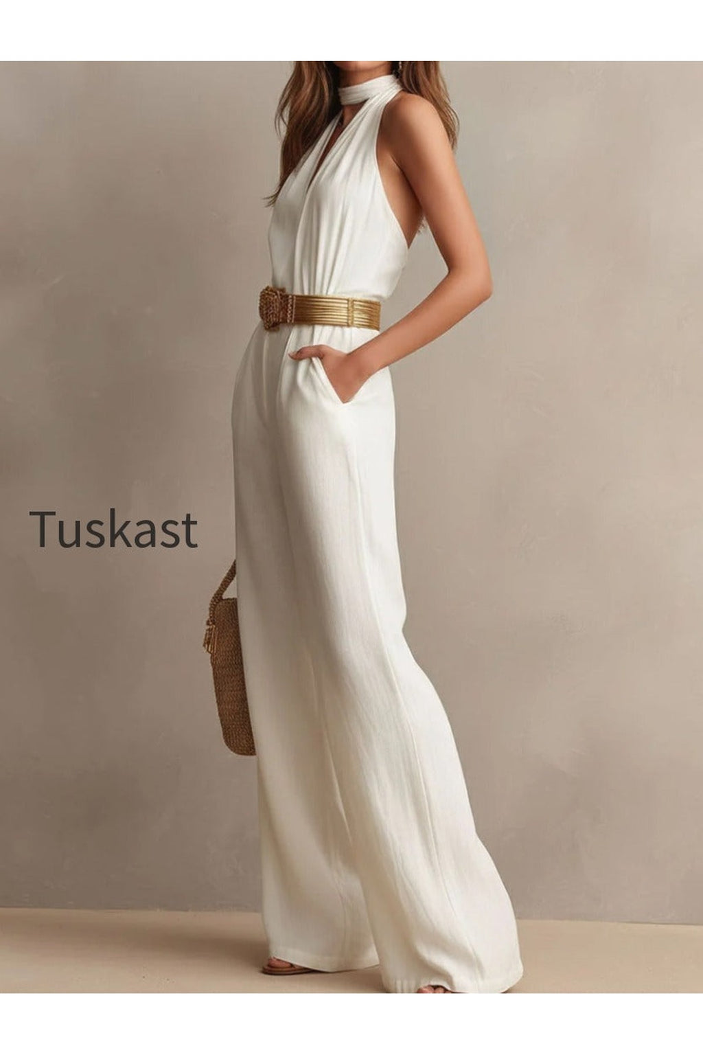 Vintage Boho White Halter Wide-Leg One Piece Jumpsuit