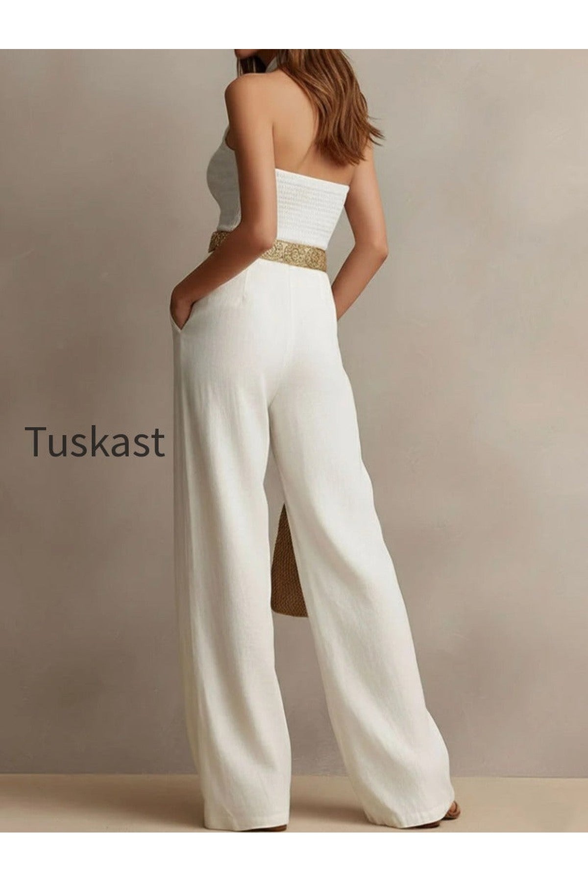Vintage Boho White Halter Wide-Leg One Piece Jumpsuit