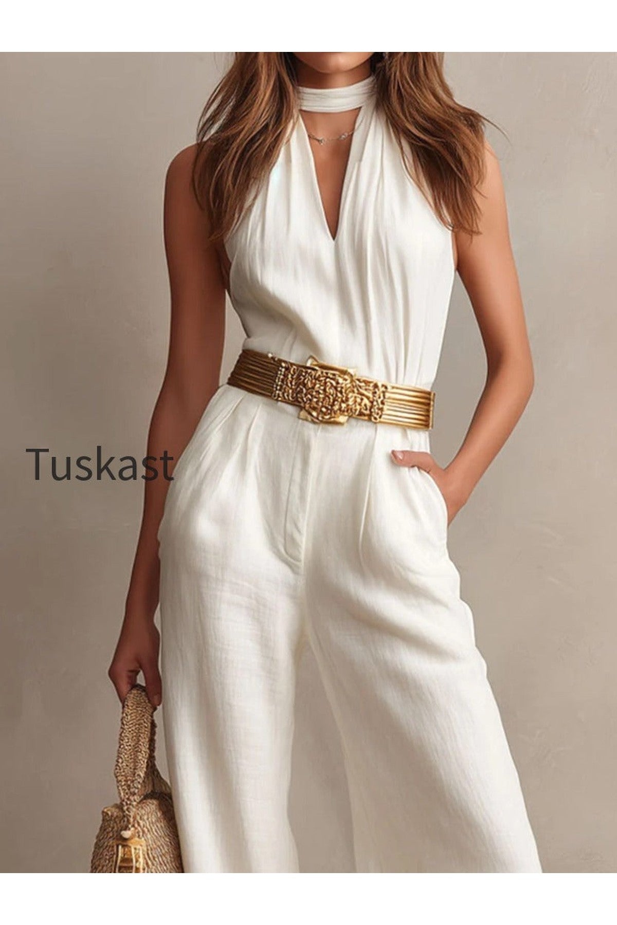 Vintage Boho White Halter Wide-Leg One Piece Jumpsuit