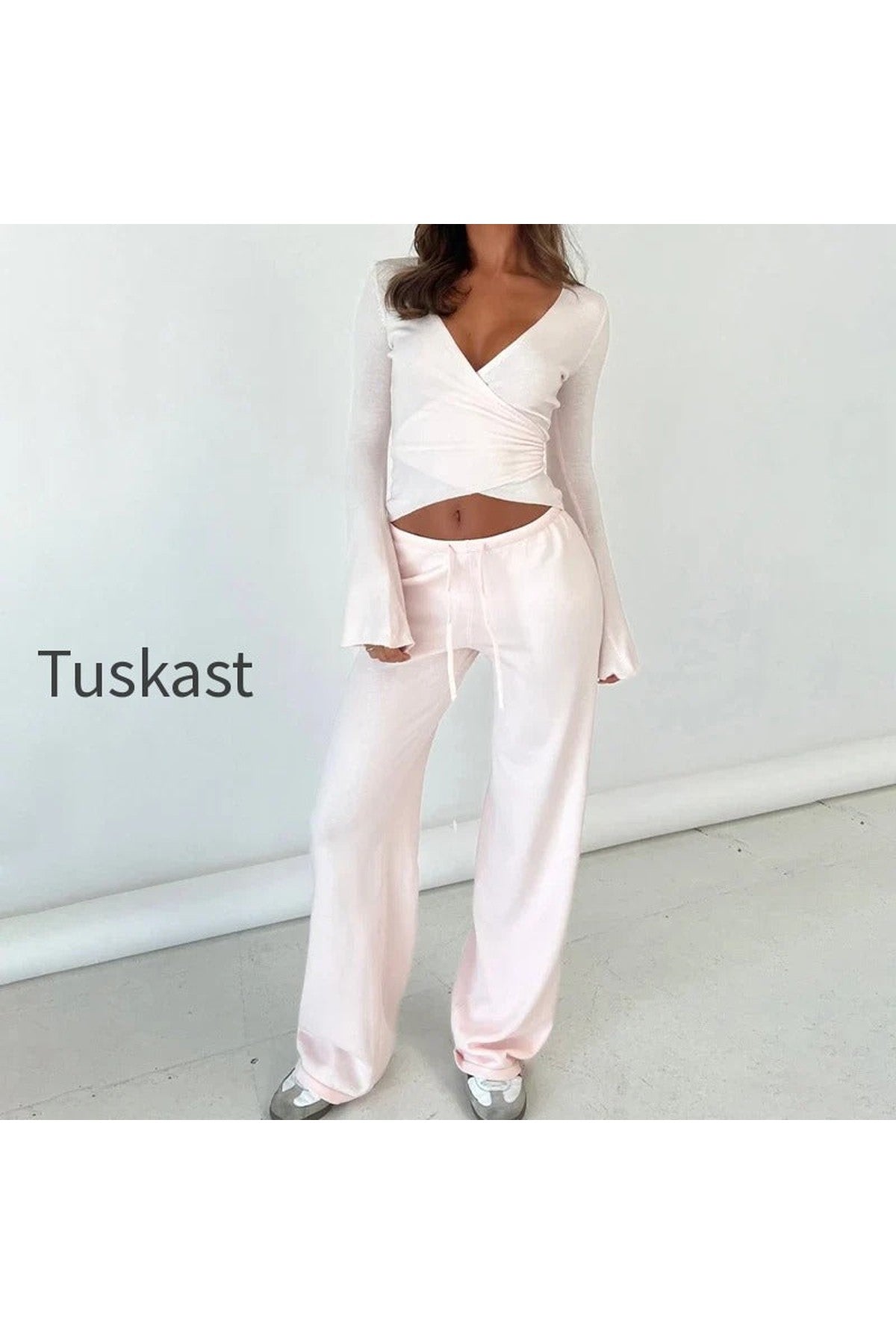V Neck Tie Waist Two-Piece Set