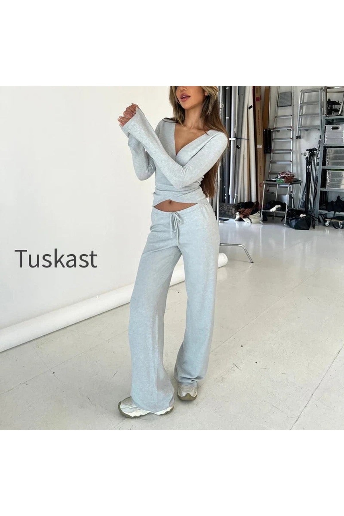 V Neck Tie Waist Two-Piece Set