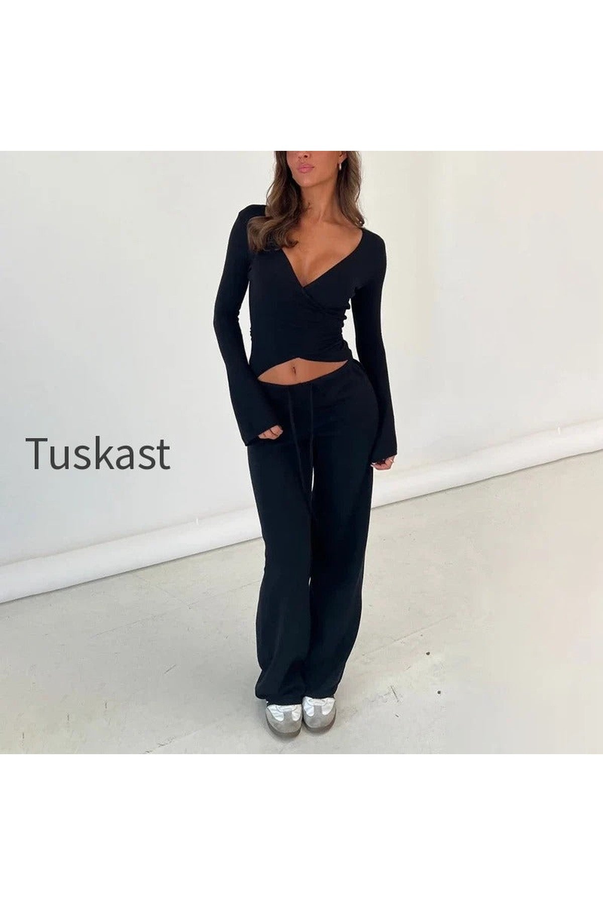 V Neck Tie Waist Two-Piece Set