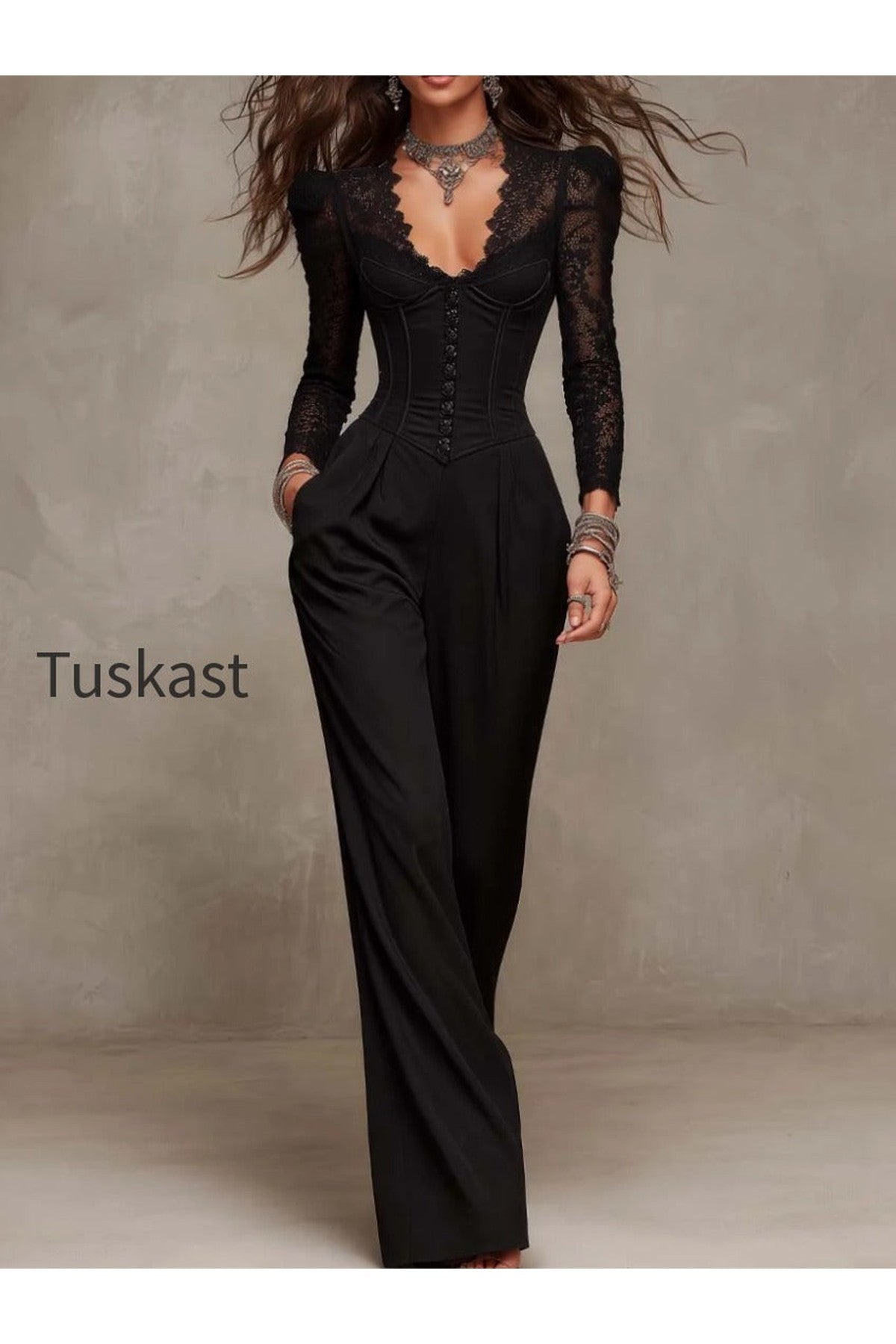 Vintage Elasticity Lace Sleeve Corset Wide-Leg Jumpsuit