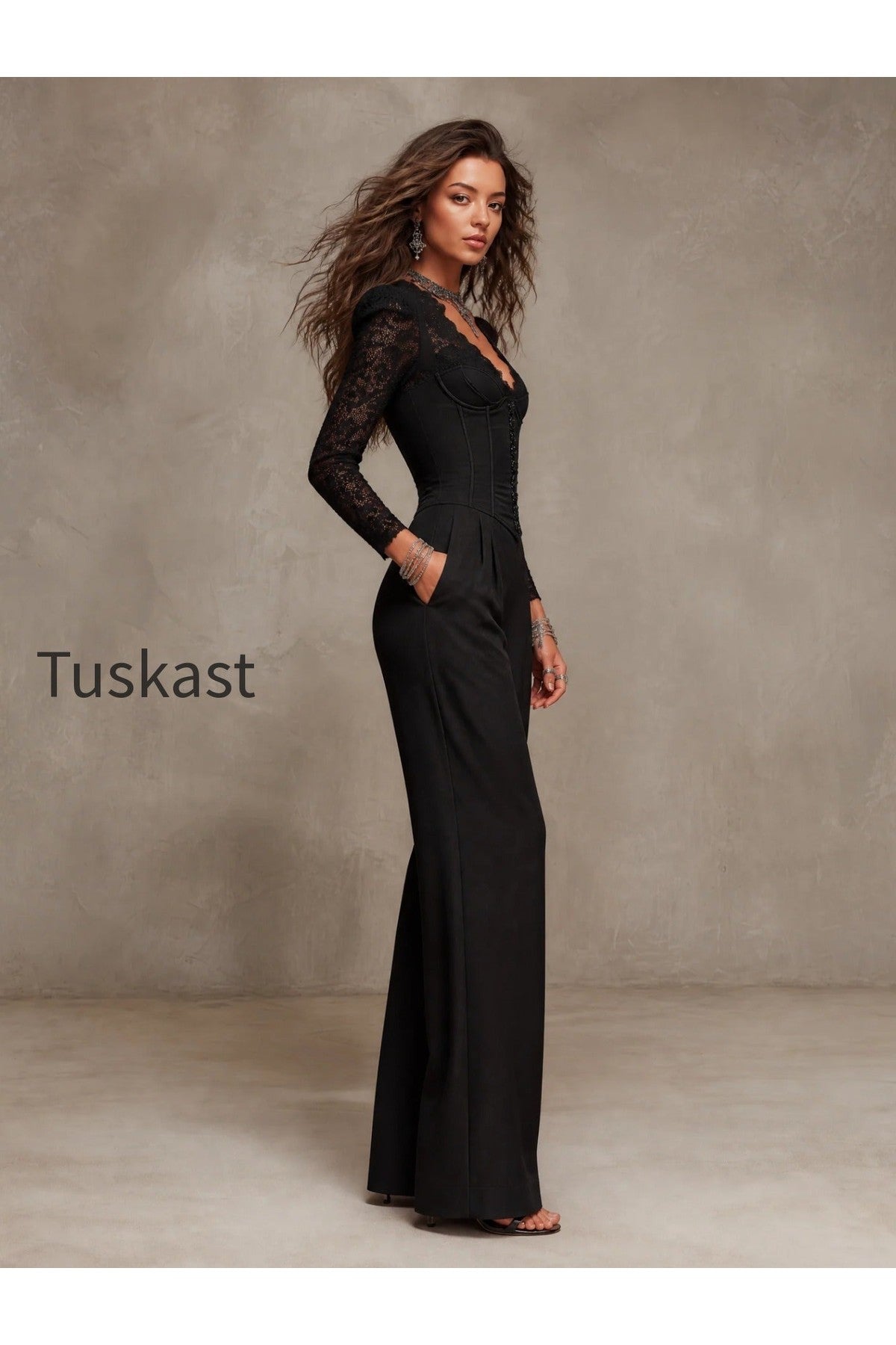 Vintage Elasticity Lace Sleeve Corset Wide-Leg Jumpsuit