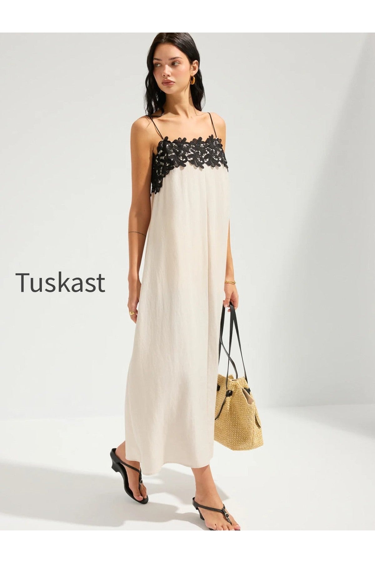 Lace Trim Linen-Blend Cami Maxi Dress