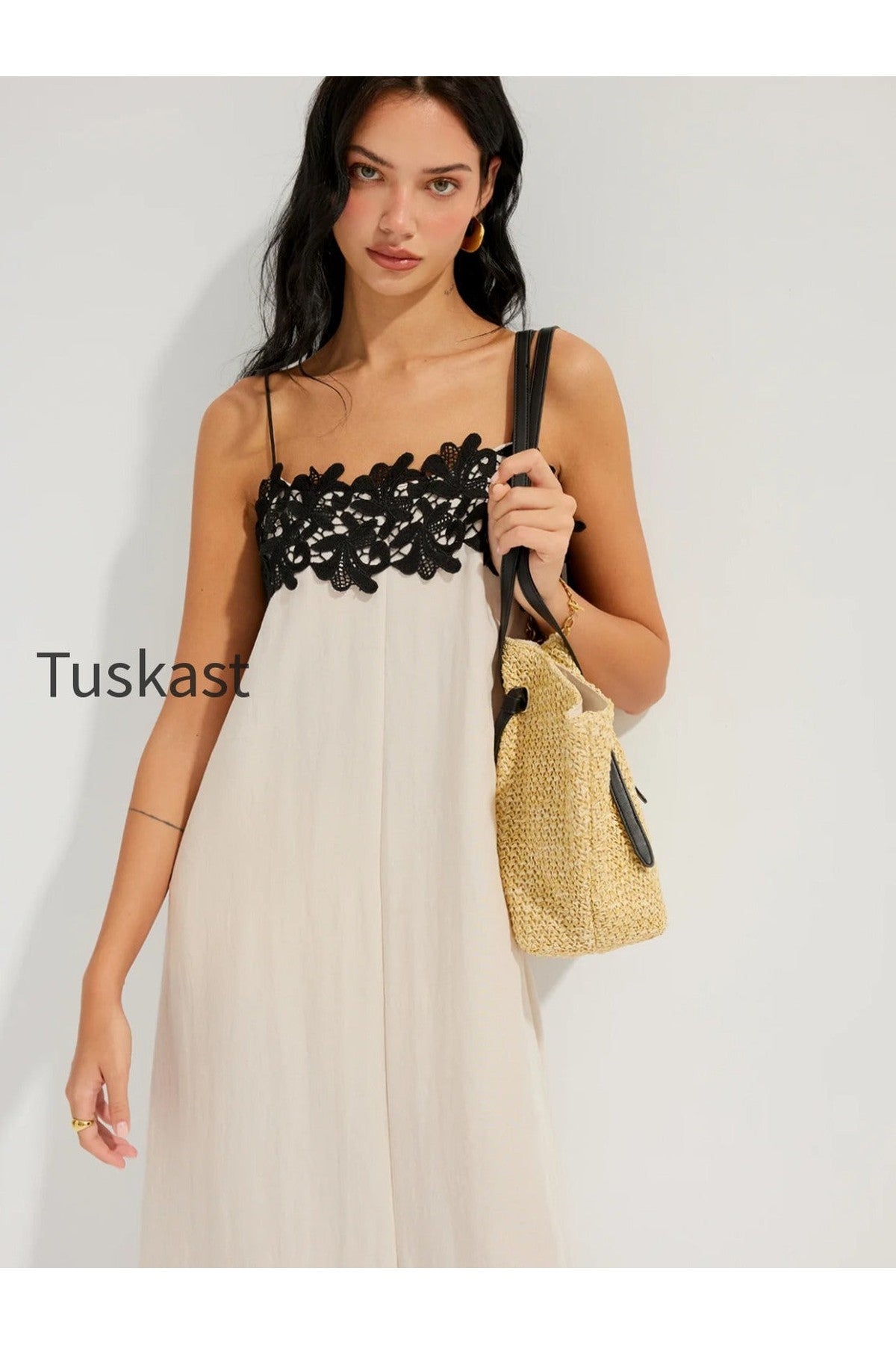 Lace Trim Linen-Blend Cami Maxi Dress