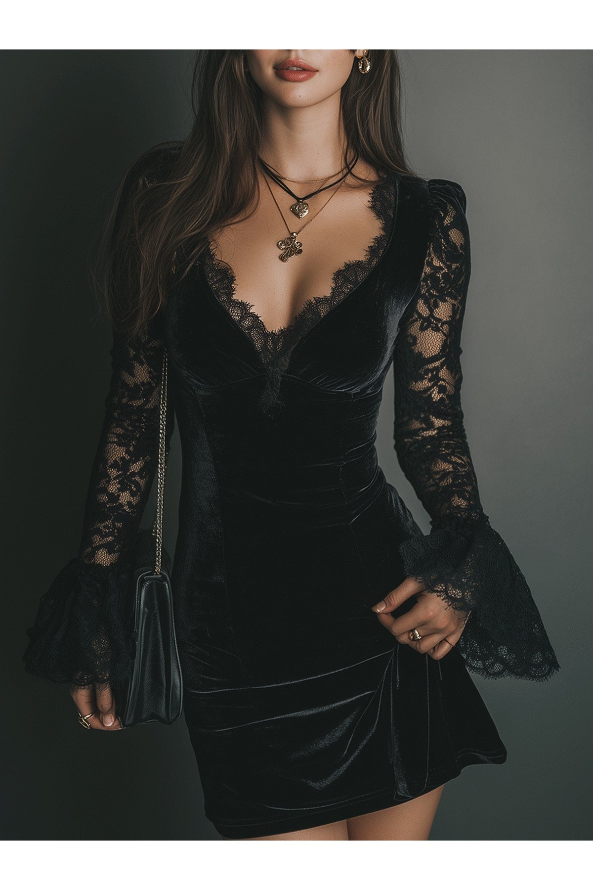Romance Midnight Velvet Lace Bell-Sleeve Mini Dress