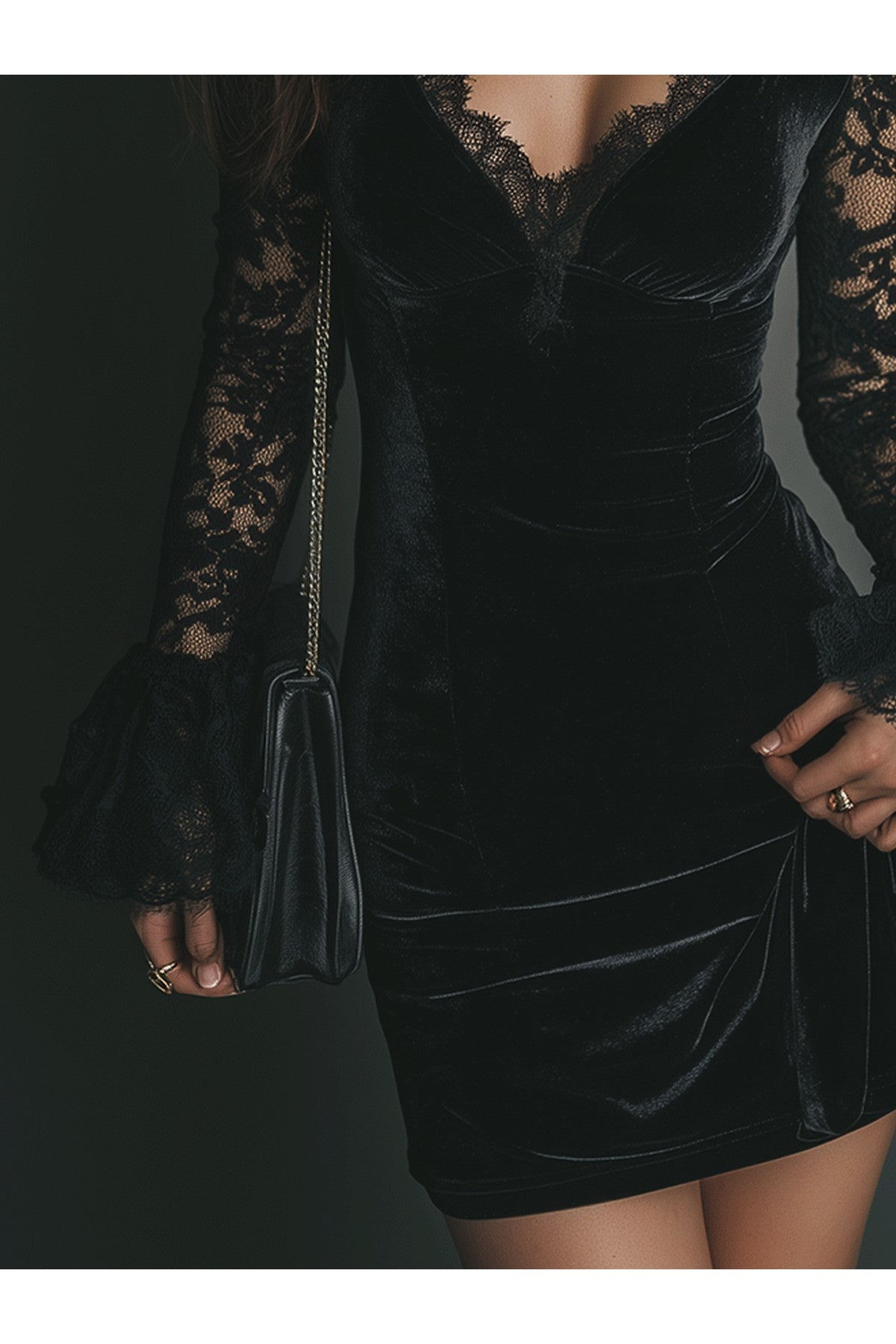 Romance Midnight Velvet Lace Bell-Sleeve Mini Dress
