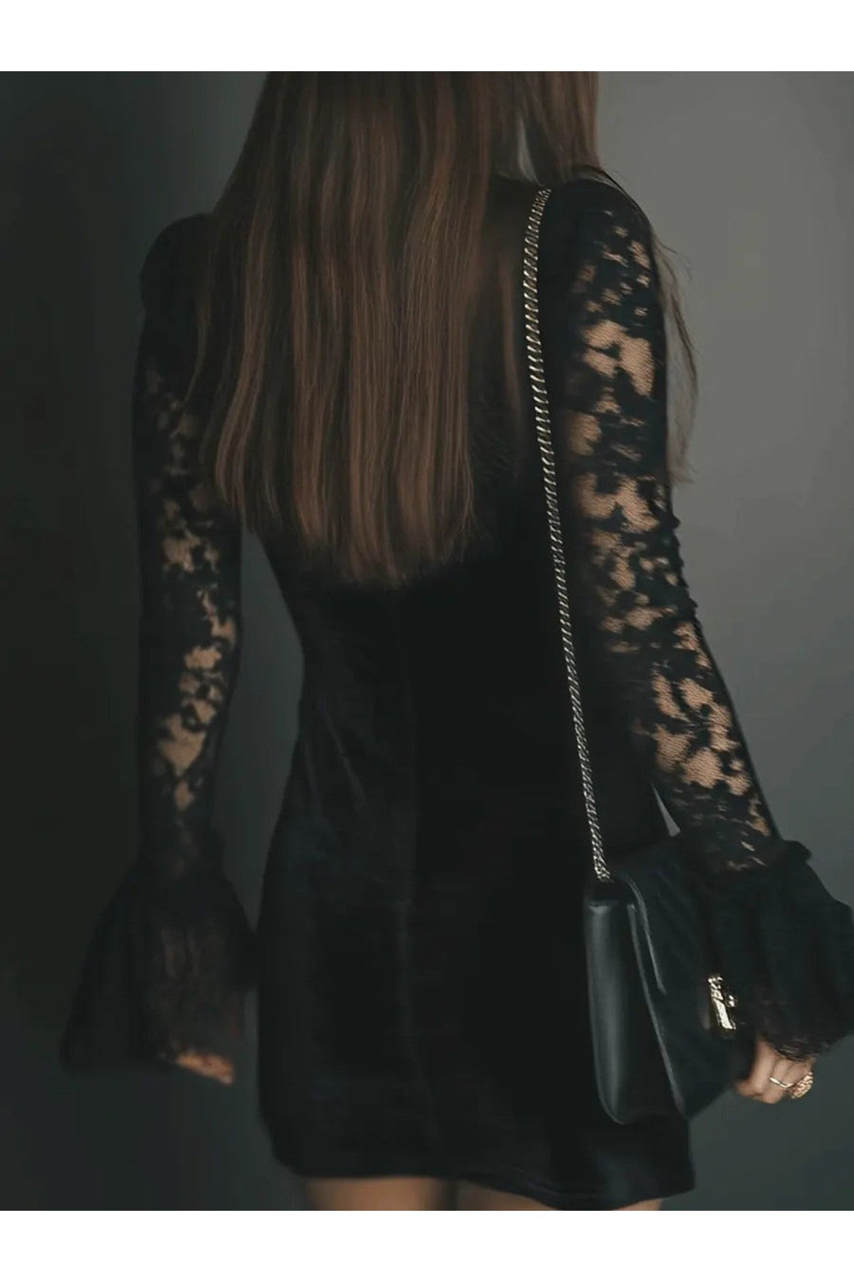 Romance Midnight Velvet Lace Bell-Sleeve Mini Dress