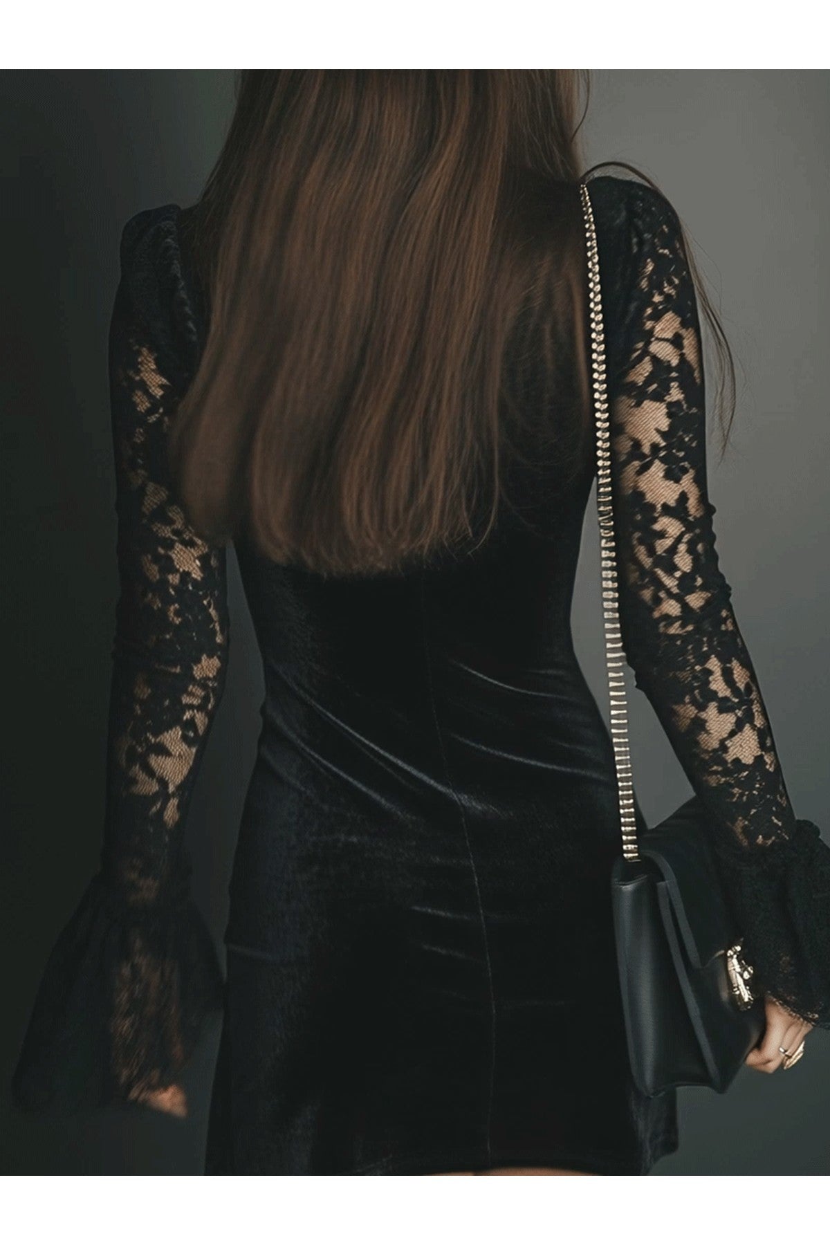Romance Midnight Velvet Lace Bell-Sleeve Mini Dress