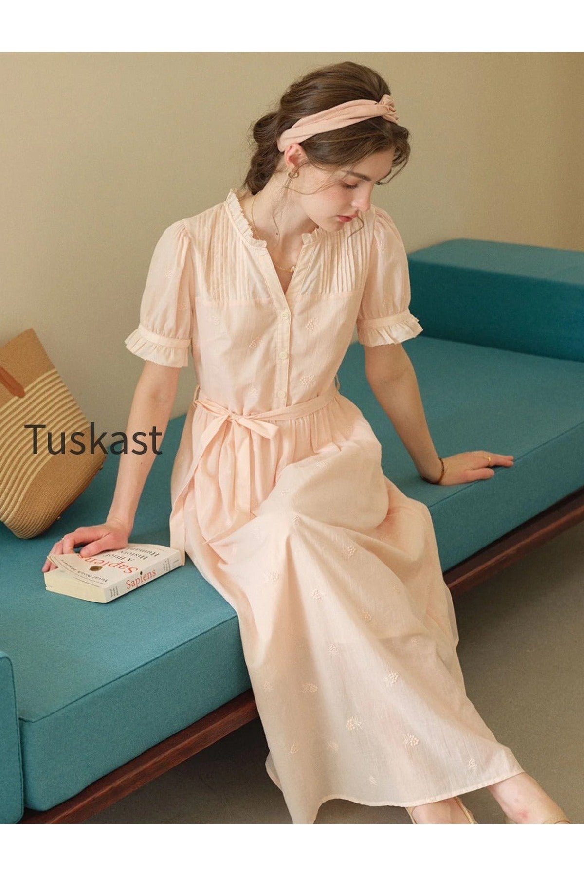 Aitana Rose Embroidered V-neck Puff Sleeve Lace Cotton Dress