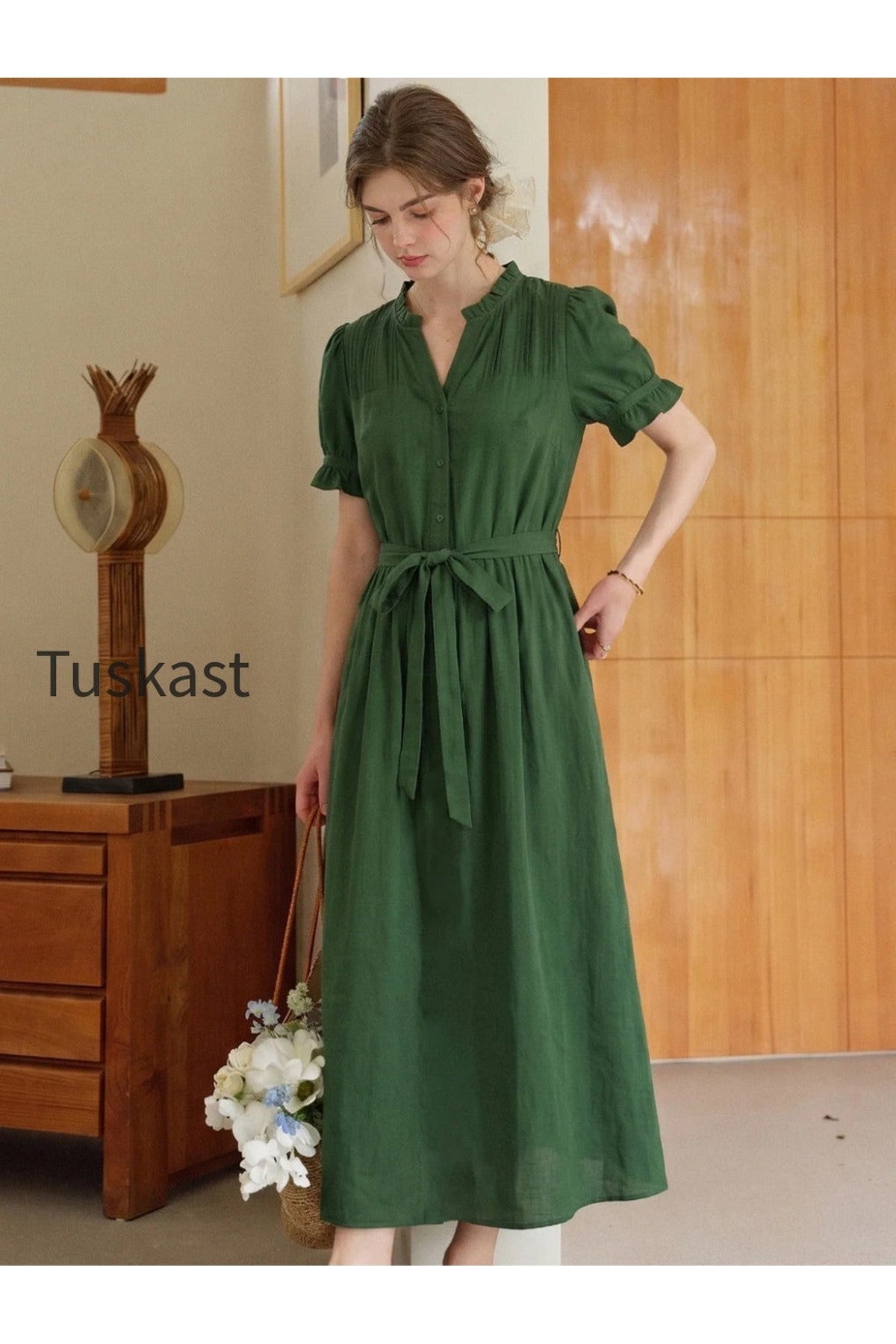 Aitana Rose Embroidered V-neck Puff Sleeve Lace Cotton Dress