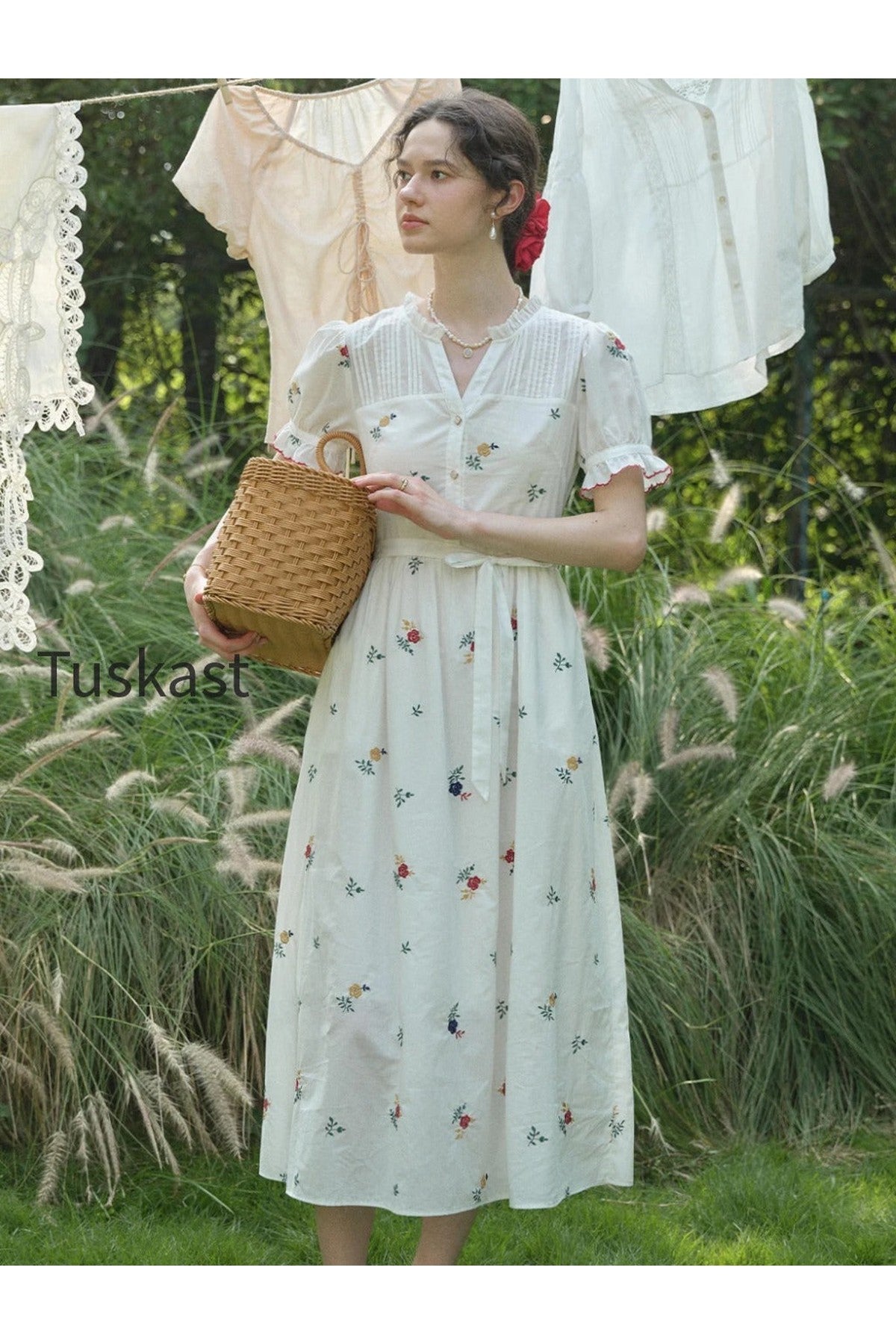 Aitana Rose Embroidered V-neck Puff Sleeve Lace Cotton Dress