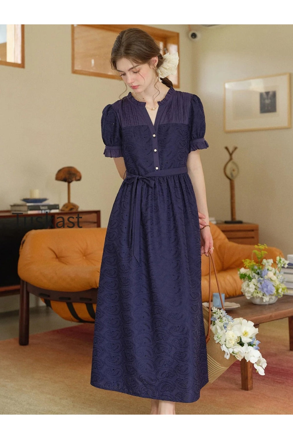Aitana Rose Embroidered V-neck Puff Sleeve Lace Cotton Dress