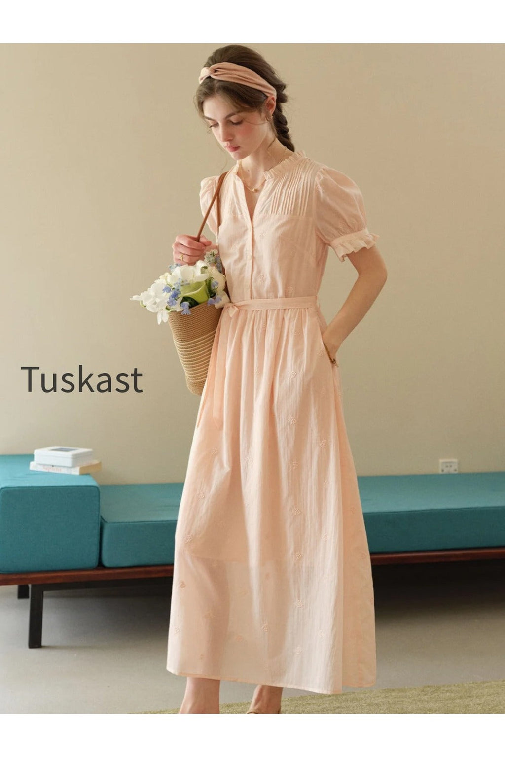 Aitana Rose Embroidered V-neck Puff Sleeve Lace Cotton Dress