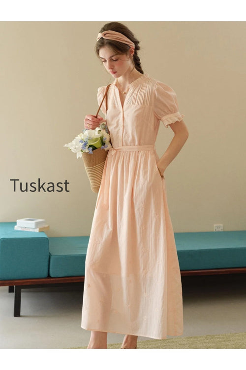 Aitana Rose Embroidered V-neck Puff Sleeve Lace Cotton Dress