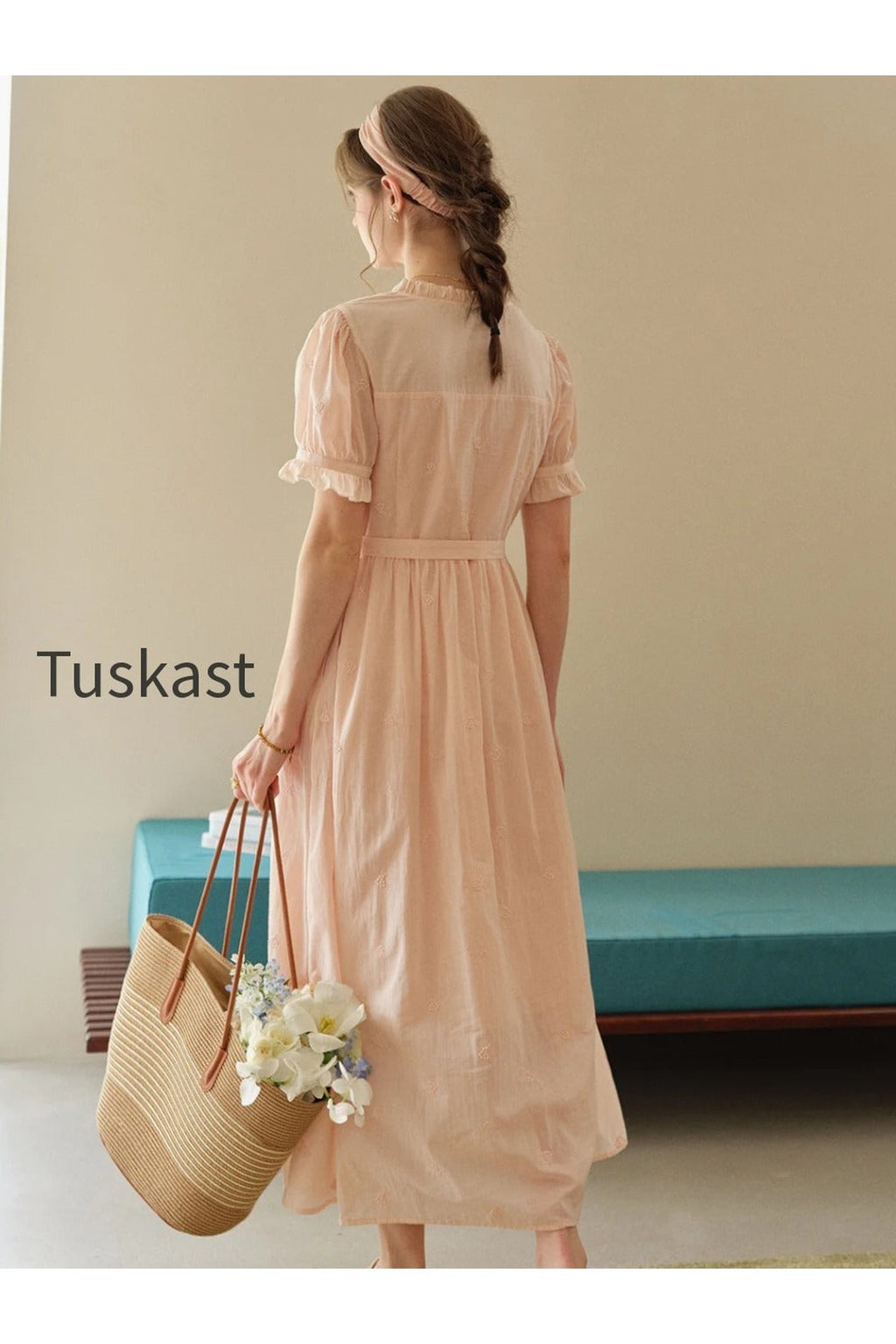 Aitana Rose Embroidered V-neck Puff Sleeve Lace Cotton Dress