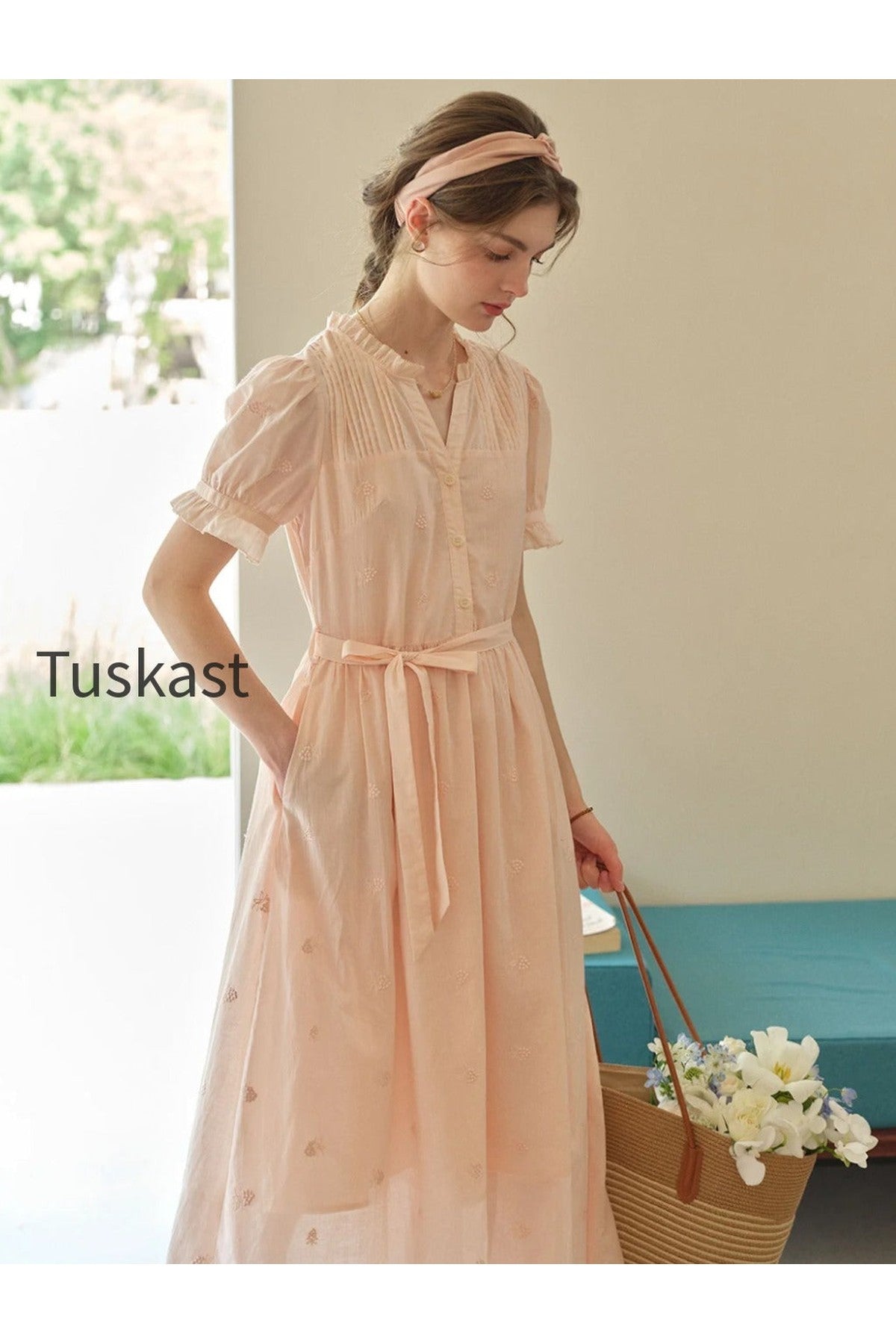 Aitana Rose Embroidered V-neck Puff Sleeve Lace Cotton Dress