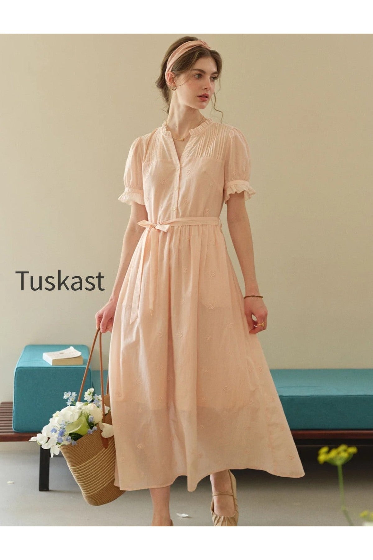 Aitana Rose Embroidered V-neck Puff Sleeve Lace Cotton Dress