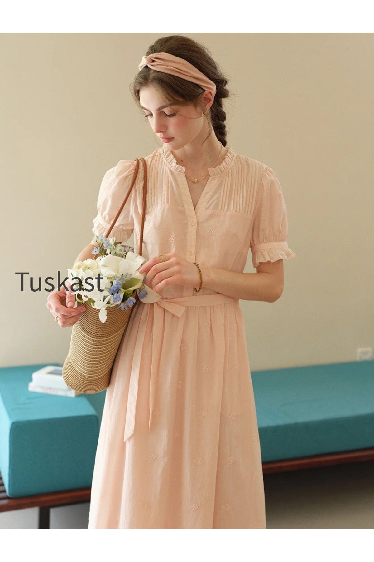 Aitana Rose Embroidered V-neck Puff Sleeve Lace Cotton Dress