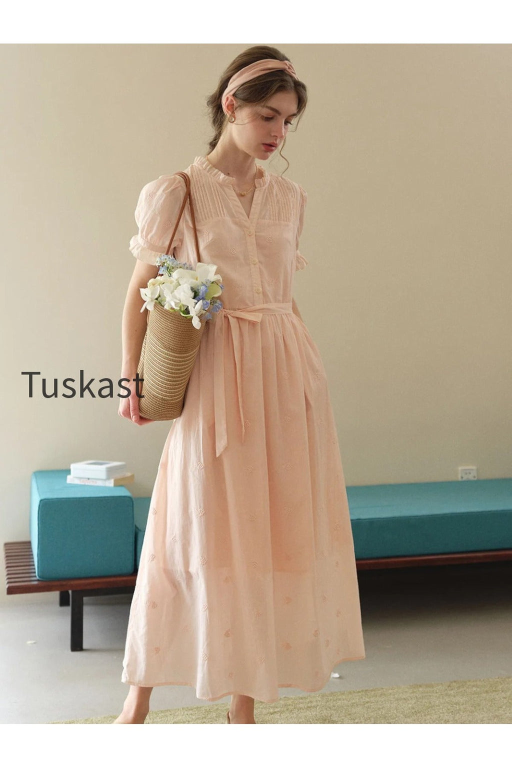 Aitana Rose Embroidered V-neck Puff Sleeve Lace Cotton Dress