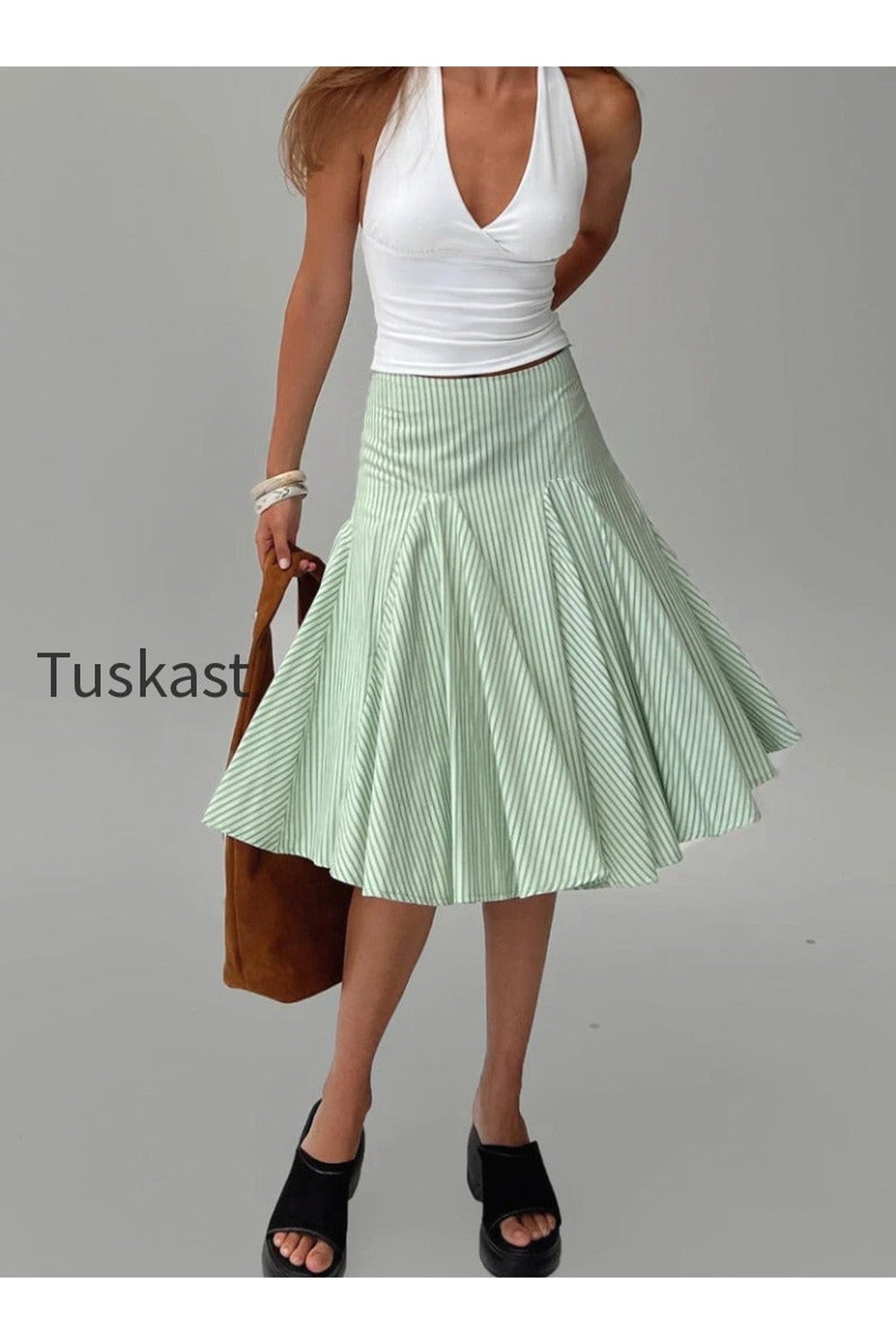 Evangaleine Pleat Midi Skirt Green / White