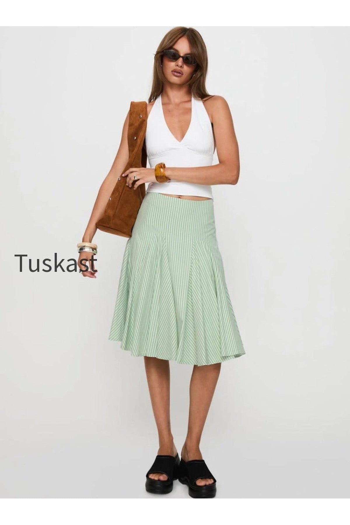 Evangaleine Pleat Midi Skirt Green / White