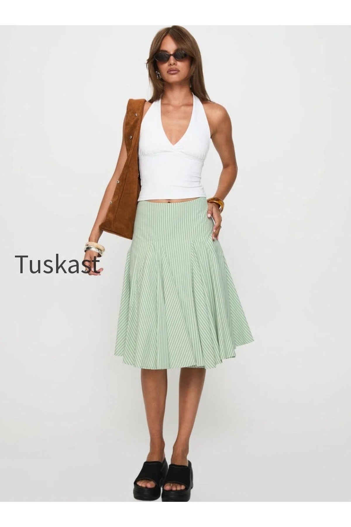 Evangaleine Pleat Midi Skirt Green / White