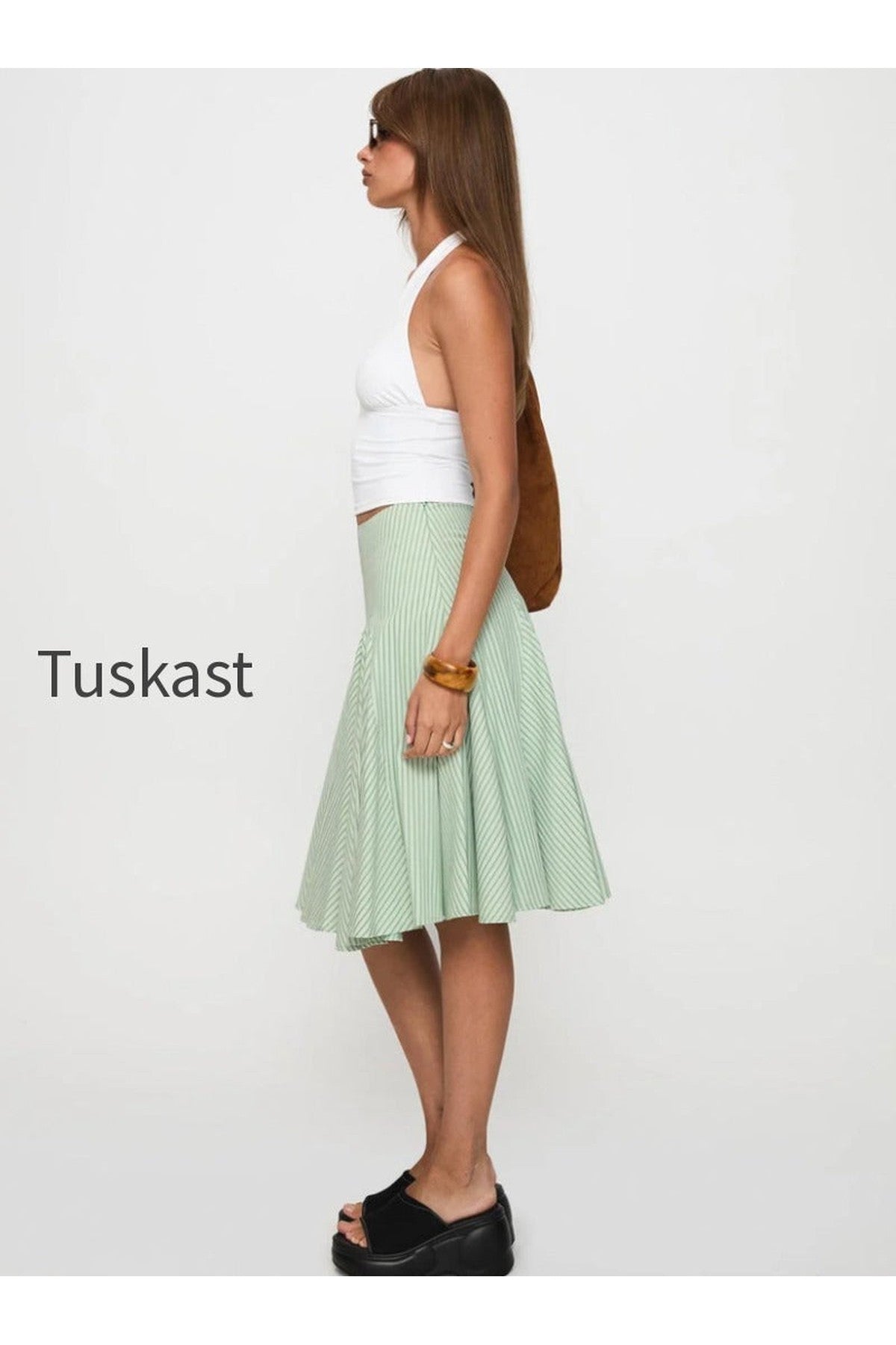 Evangaleine Pleat Midi Skirt Green / White