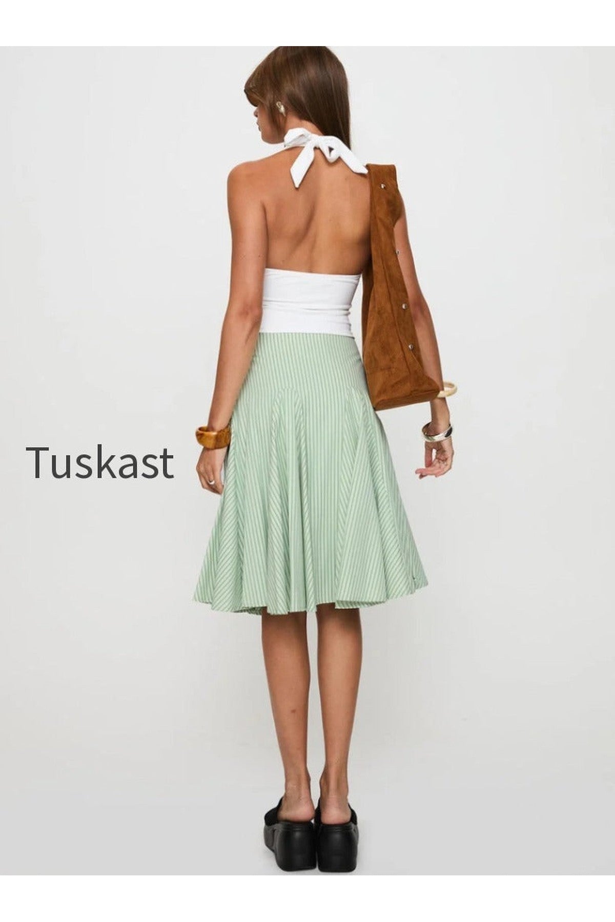 Evangaleine Pleat Midi Skirt Green / White