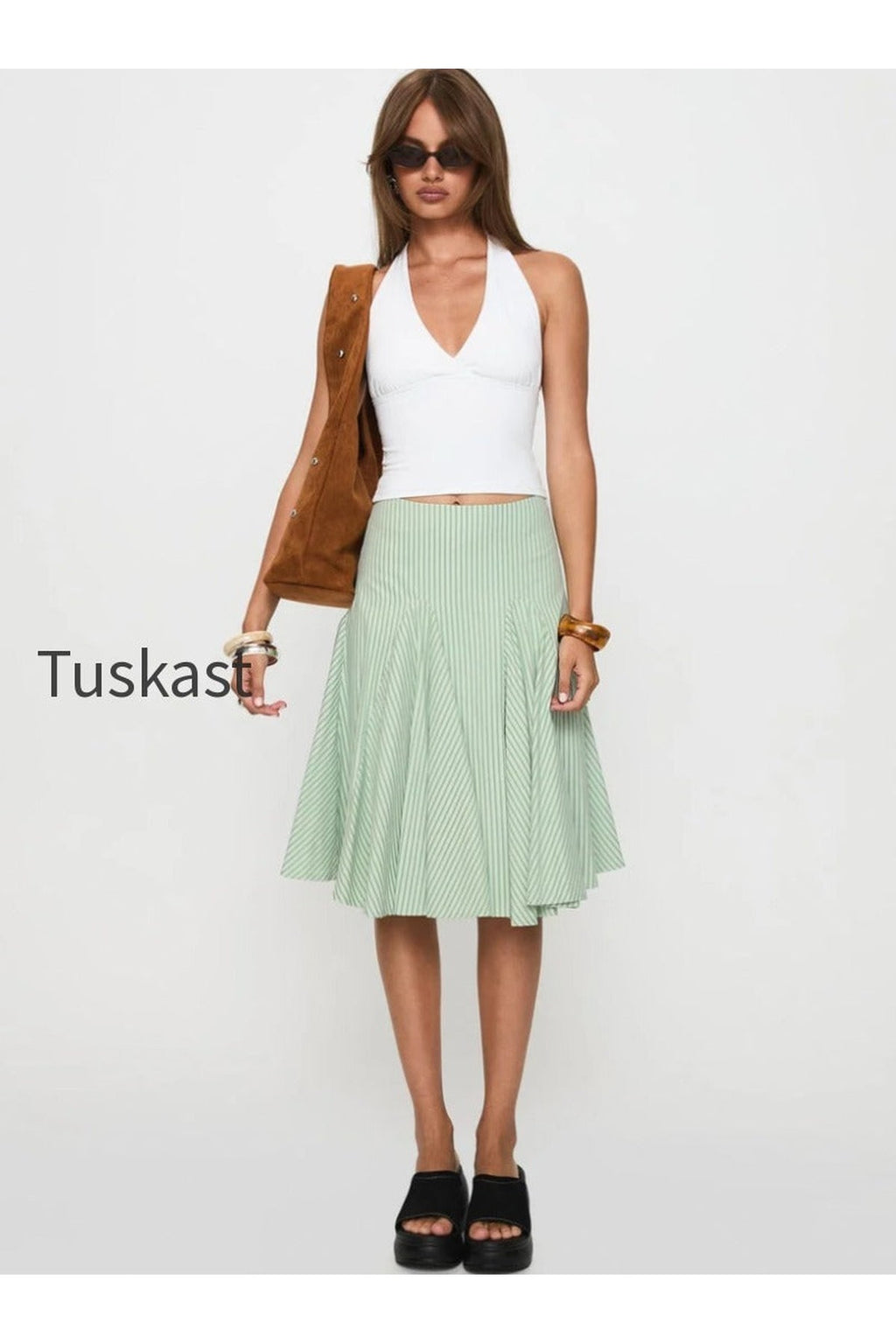 Evangaleine Pleat Midi Skirt Green / White