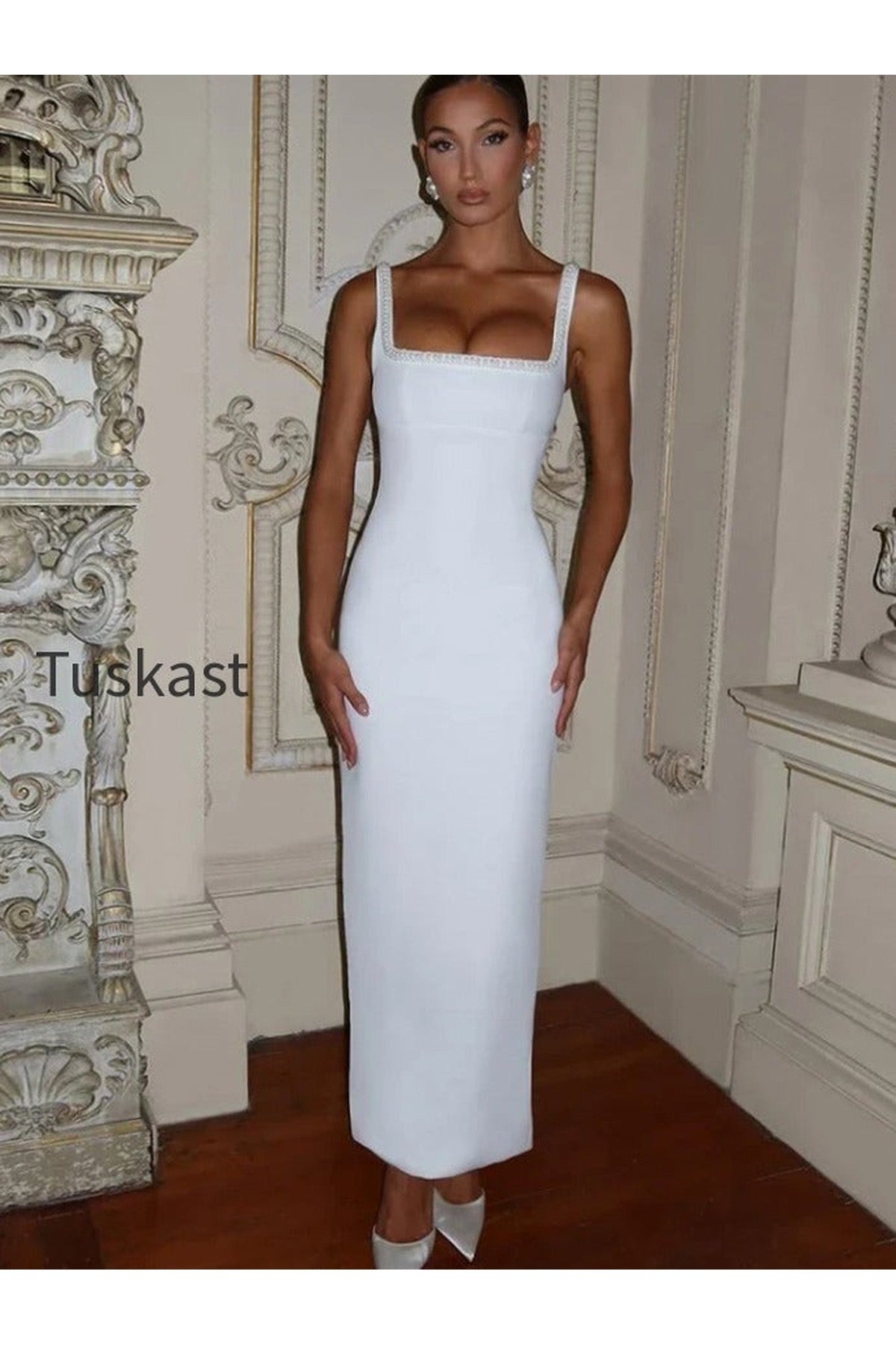 Slit Pearl Strap Patchwork Midi Dress