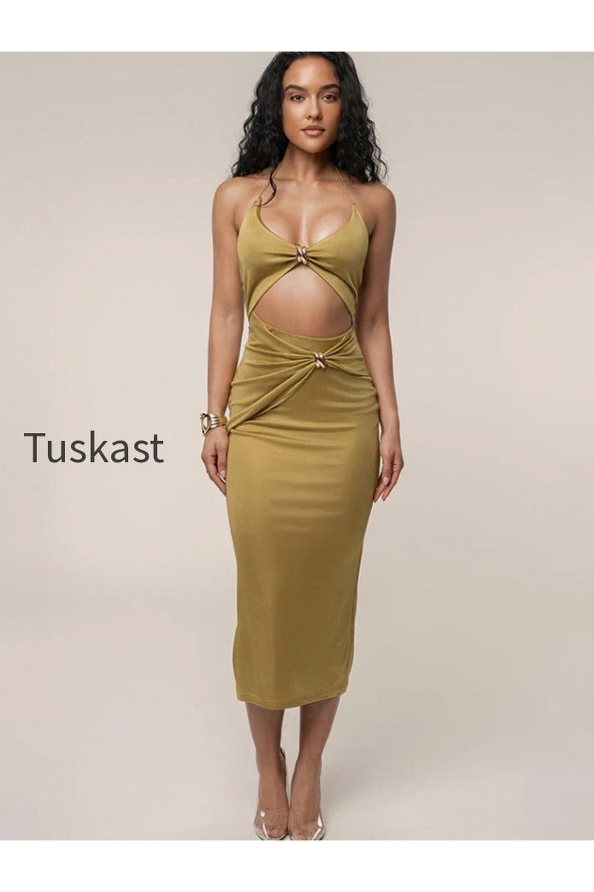 Cutout Chain Metal Halter Midi Dress