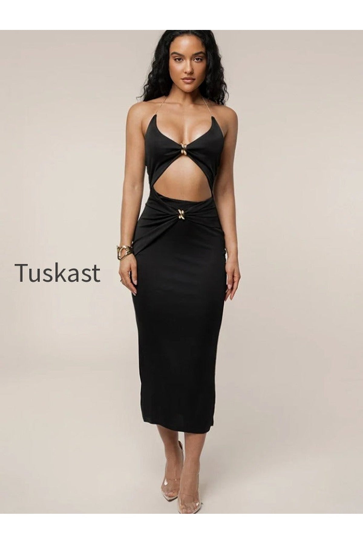 Cutout Chain Metal Halter Midi Dress