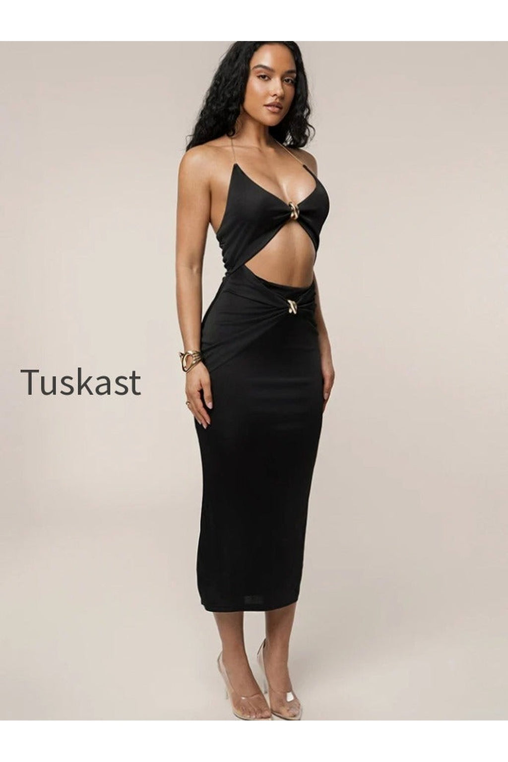 Cutout Chain Metal Halter Midi Dress