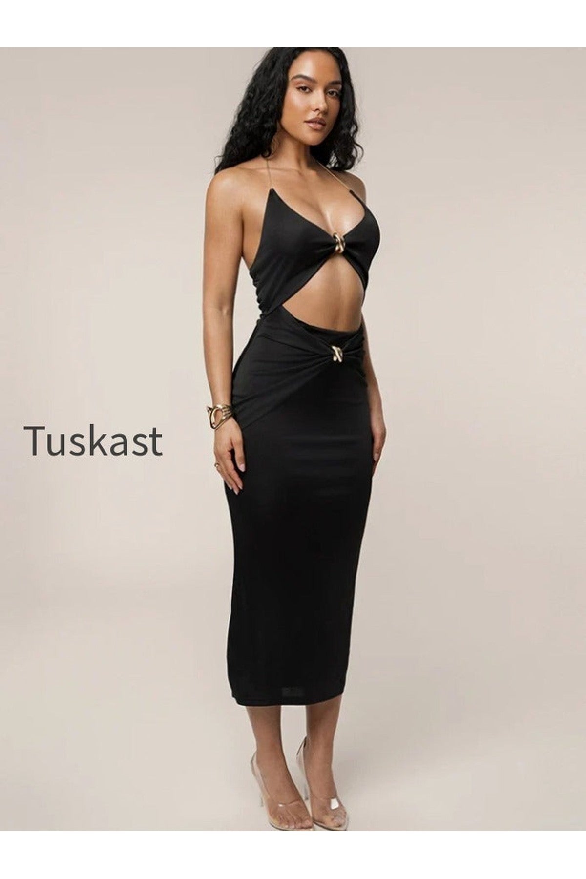 Cutout Chain Metal Halter Midi Dress