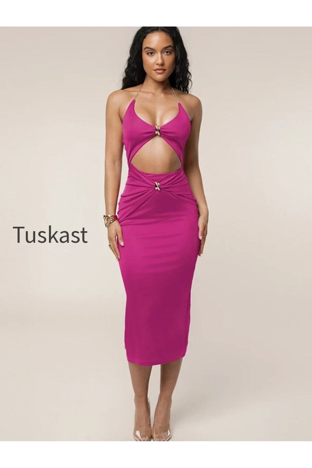 Cutout Chain Metal Halter Midi Dress