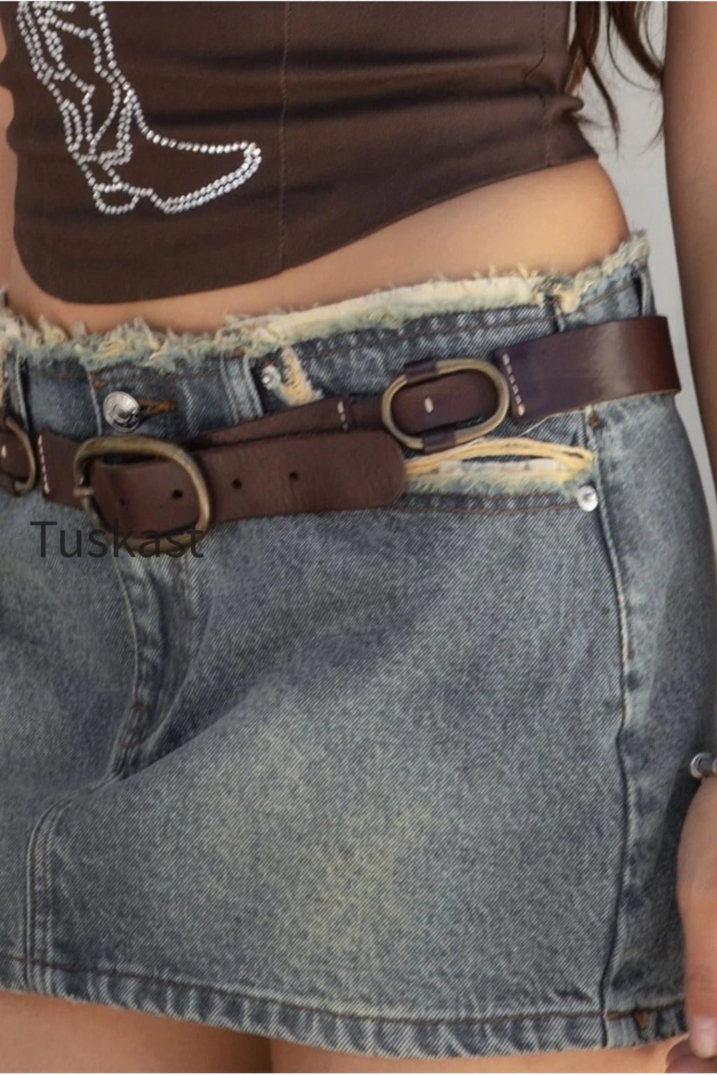 Low Rise Frayed Denim Mini Skirt
